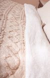 A detail shot of a sherpa comforter by Fleece Chic showing the fluffy top and bottom.