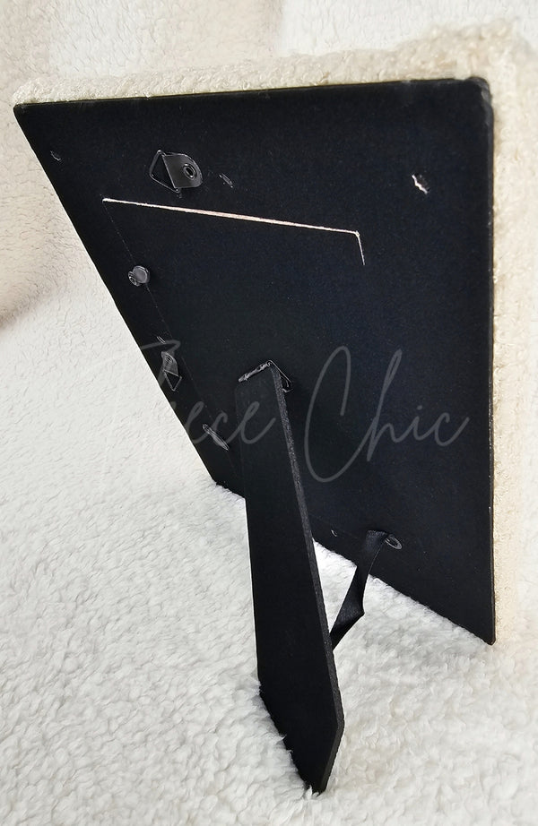 The backside of a stylish picture frame made with plush teddy material - Fleece Chic