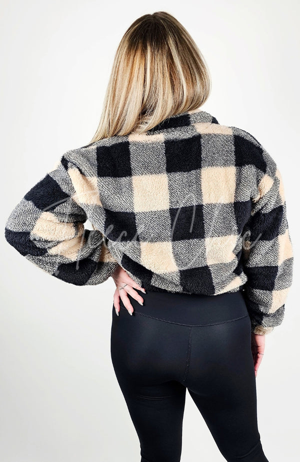 Cropped Fleece Plaid Jacket