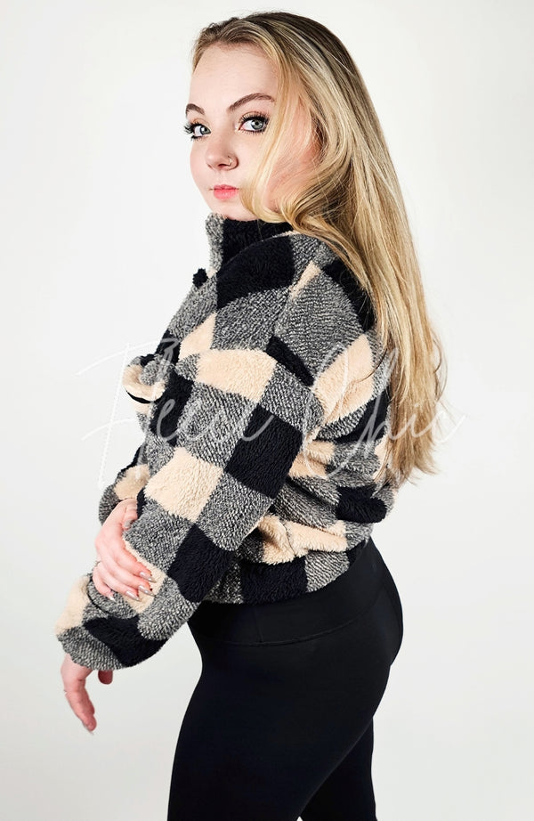 Cropped Fleece Plaid Jacket