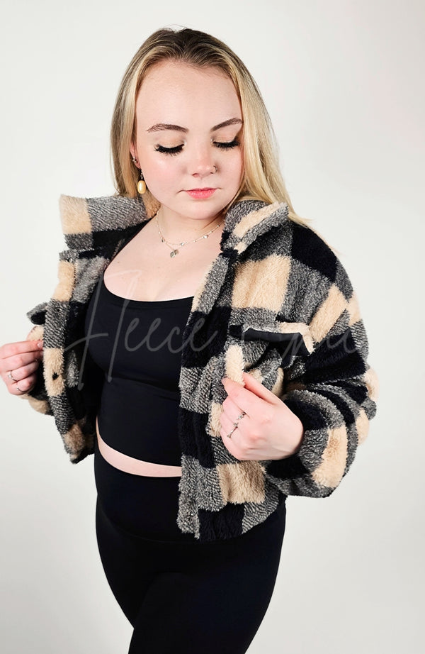Cropped Fleece Plaid Jacket