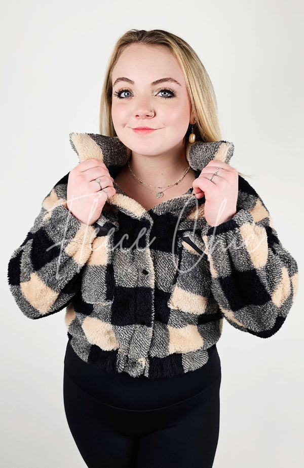 Cropped Fleece Plaid Jacket