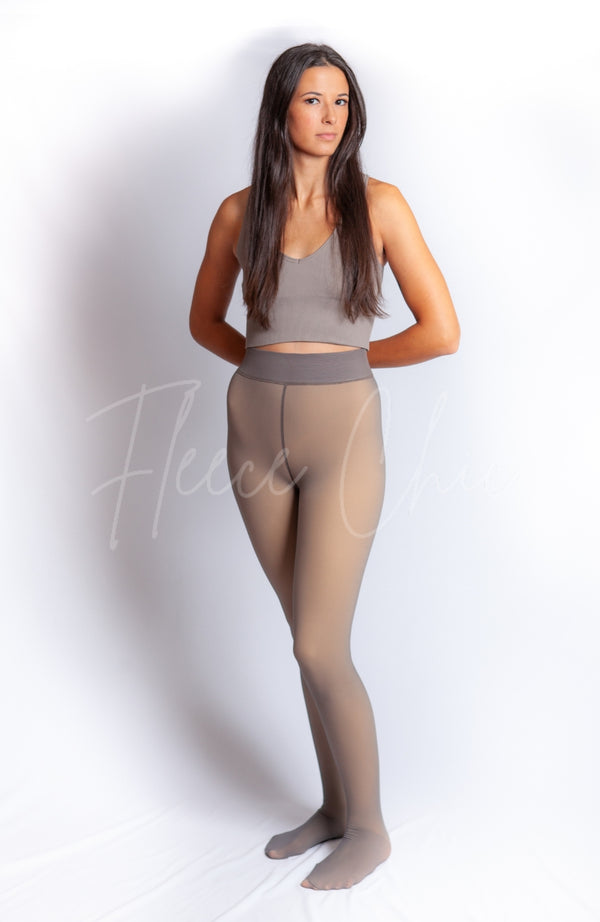 Gray opaque tights with a fleece lining are worn with a gray crop top - Fleece Chic