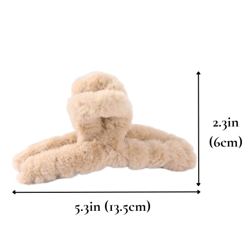 A fluffy, light brown claw hair clip has its dimensions shown - Fleece Chic