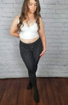 Fleece lined tights in black with fuzzy lining are paired with a white v-neck crop top - Fleece Chic