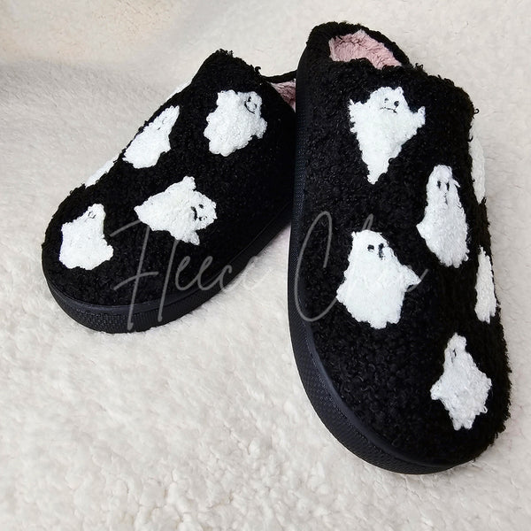 Fuzzy slippers with cute ghost motifs by Fleece Chic.