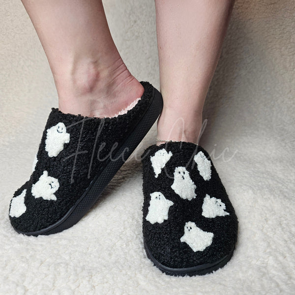 Spooky season ghost slippers that are fuzzy by Fleece Chic.