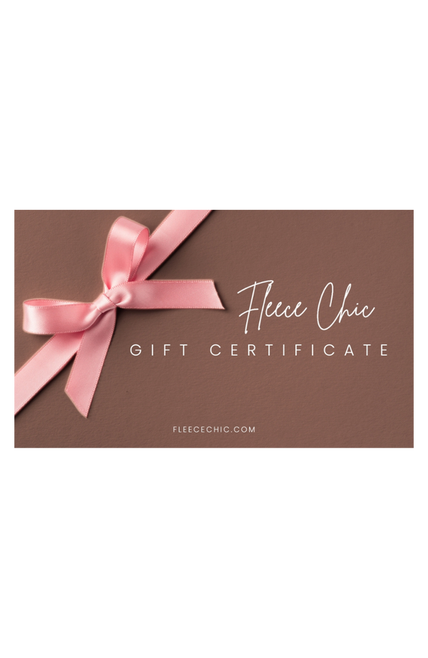 An electronic gift card from Fleece Chic with a pink ribbon graphic and text indicating it is a gift certificate.