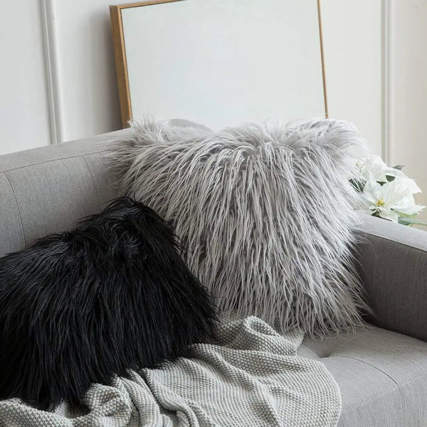 Mongolian sheep pillow covers that are gray and black by Fleece Chic.