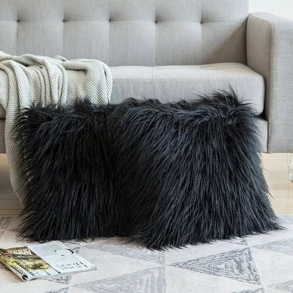 Black Mongolian sheep pillow covers by Fleece Chic.