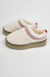 Platform slippers that are white with a teddy fleece are displayed on a plain background - Fleece Chic