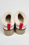 The backside of a pair of teddy platform slippers by Fleece Chic.