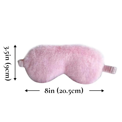 The dimensions of a Faux Fur Sleep Mask by Fleece Chic.