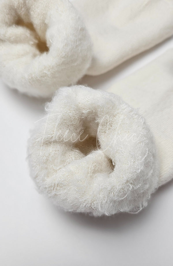 Quarter socks that are beige with a fluffy interior are rolled partly inside out - Fleece Chic