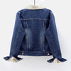 The backside of a dark blue jean sherpa jacket with teddy interior in the trucker style by Fleece Chic.