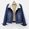 Dark blue jean sherpa jacket with teddy interior in the trucker style by Fleece Chic.