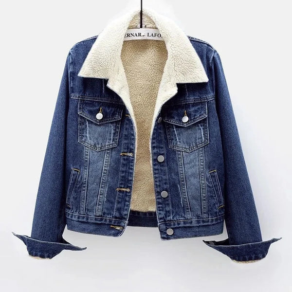 Dark blue jean sherpa jacket with teddy interior in the trucker style by Fleece Chic.