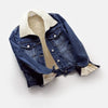 Dark blue jean sherpa jacket with teddy interior in the trucker style by Fleece Chic.