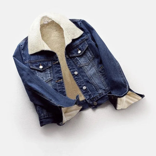 Dark blue jean sherpa jacket with teddy interior in the trucker style by Fleece Chic.