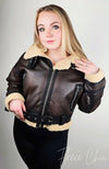 Shearling jacket that is zipped up, brown, and in a bomber style - Fleece Chic