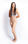 A Hispanic woman wearing tan pantyhose and a gray crop top poses for a photograph with her arms behind her - Fleece Chic