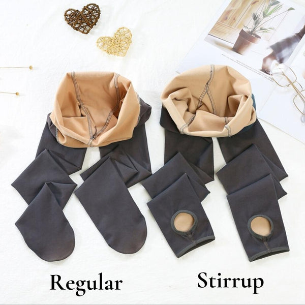 The different styles of Fleece Chic's fleece lined tights are displayed laying down.