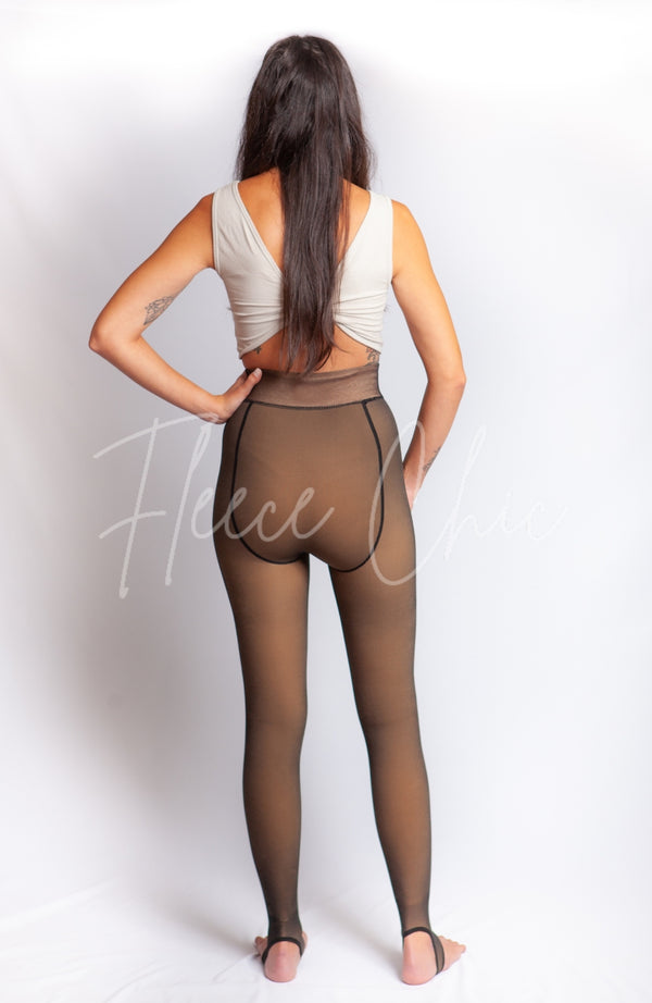 Pantyhose leggings are worn by a tall, thin women who is showcasing their rear - Fleece Chic