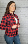 Sherpa lined flannel in red and blue plaid is worn by a woman in jeans - Fleece Chic
