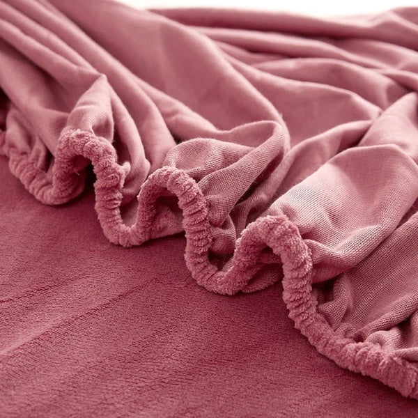 Rose colored fitted fleece sheets are shown in close-up detail - Fleece Chic