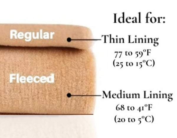 The two thicknesses of Fleece Chic's Tan Pantyhose are displayed along with their recommended temperatures for wearing.