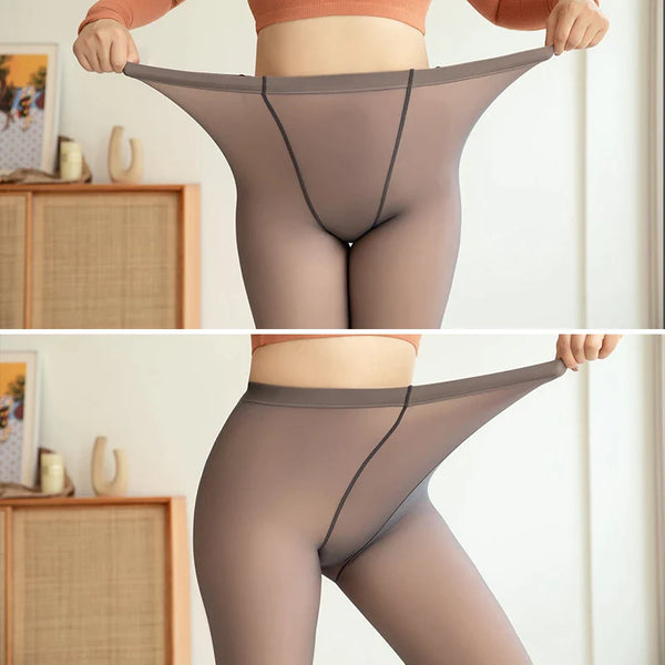 Opaque tights with a fleece lining are stretched out at waist to demonstrate that they would fit larger women - Fleece Chic