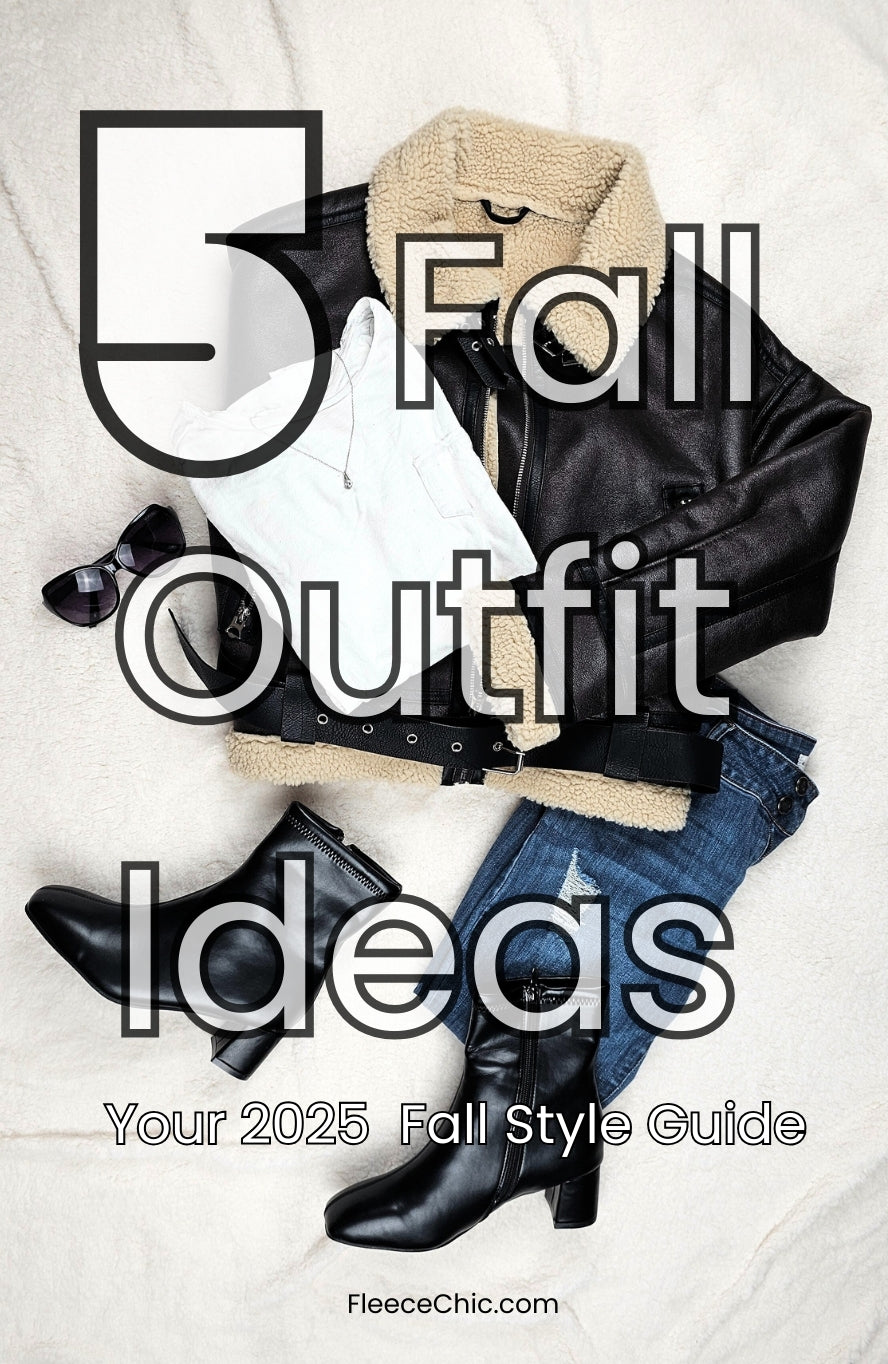 The cover image of a blog post by Fleece Chic which says "5 Fall Outfit Ideas - Your 2025 Fall Style Guide" and has a cute flatlay with a shearling jacket and leather winter boots.