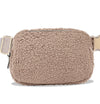 A light brown teddy hip bag with gold clasp by Fleece Chic.