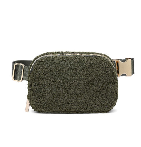 A dark green teddy hip bag with gold clasp by Fleece Chic.