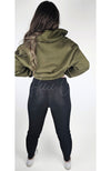The back view of a pair of cozy leggings by Fleece Chic paired with the top of their Effortlessly Chic Tracksuit.