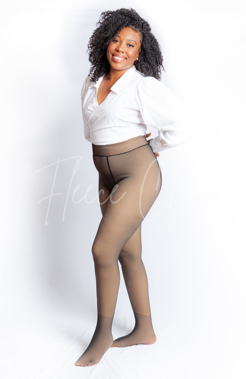 Opaque tights with a fleece lining are worn by an African American woman in a white blouse - Fleece Chic