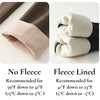 Yoga leggings with and without a fleece lining are compared in images with their recommended temperatures listed - Fleece Chic