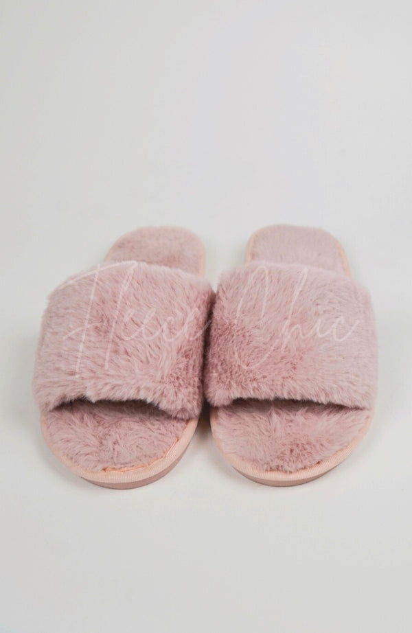 Pink fuzzy slides by Fleece Chic