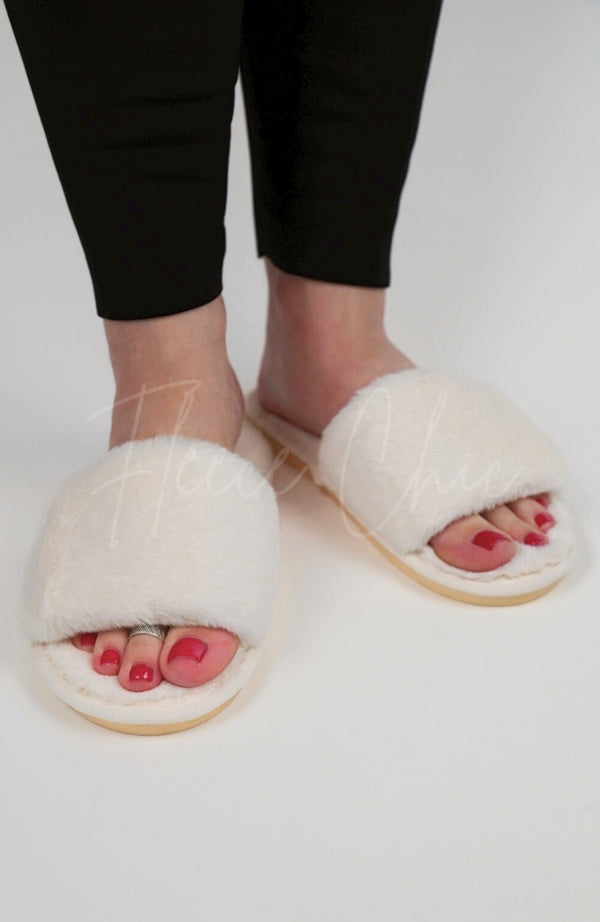 White fuzzy slides by Fleece Chic