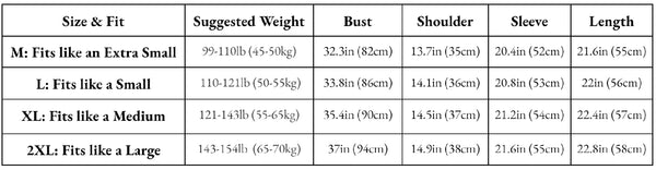 Lined Sweater Size Chart by Fleece Chic