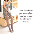 Plush fleece lined tights are worn by a woman with a thin dress on to stay warm during the holiday season - Fleece Chic
