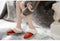 A woman sits and poses wearing fur slippers in the Brick Red shade - Fleece Chic