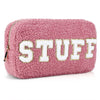 Pink travel pouch by Fleece Chic with letters spelling out the word "stuff."