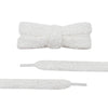 Close-up detail of a pair of unique shoelaces that are white and fuzzy - Fleece Chic