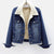 Dark blue jean sherpa jacket with teddy interior in the trucker style by Fleece Chic.