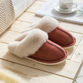 Fur slippers that're Brick Red with a plush lining are displayed - Fleece Chic