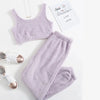 A light purple home outfit comprised of a tank and fuzzy pants are displayed - Fleece Chic