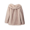 The back of a fox fur coat by Fleece Chic is displayed with a white background.