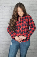 Insulated flannel shirt with fleece lining is worn by a woman in jeans with long brown hair - Fleece Chic