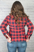Long sleeve flannel that is perfect for winter with its plush lining has its backside displayed - Fleece Chic
